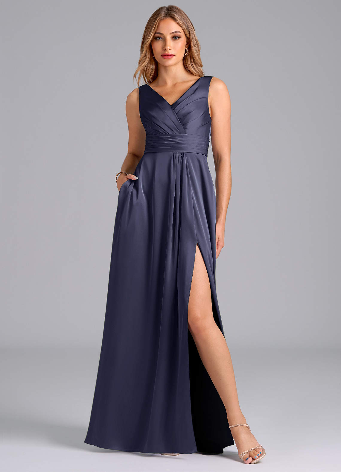Karina A-Line V-Neck Stretch Satin Bridesmaid Dress in Stormy