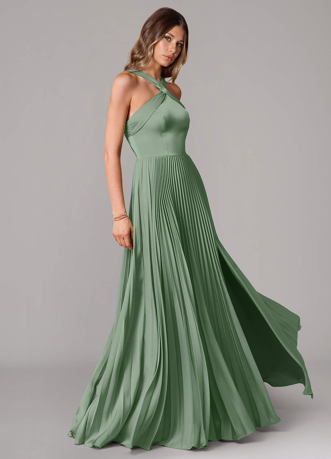 Afra A-Line Halter-Neck Stretch Satin Bridesmaid Dress in Matcha