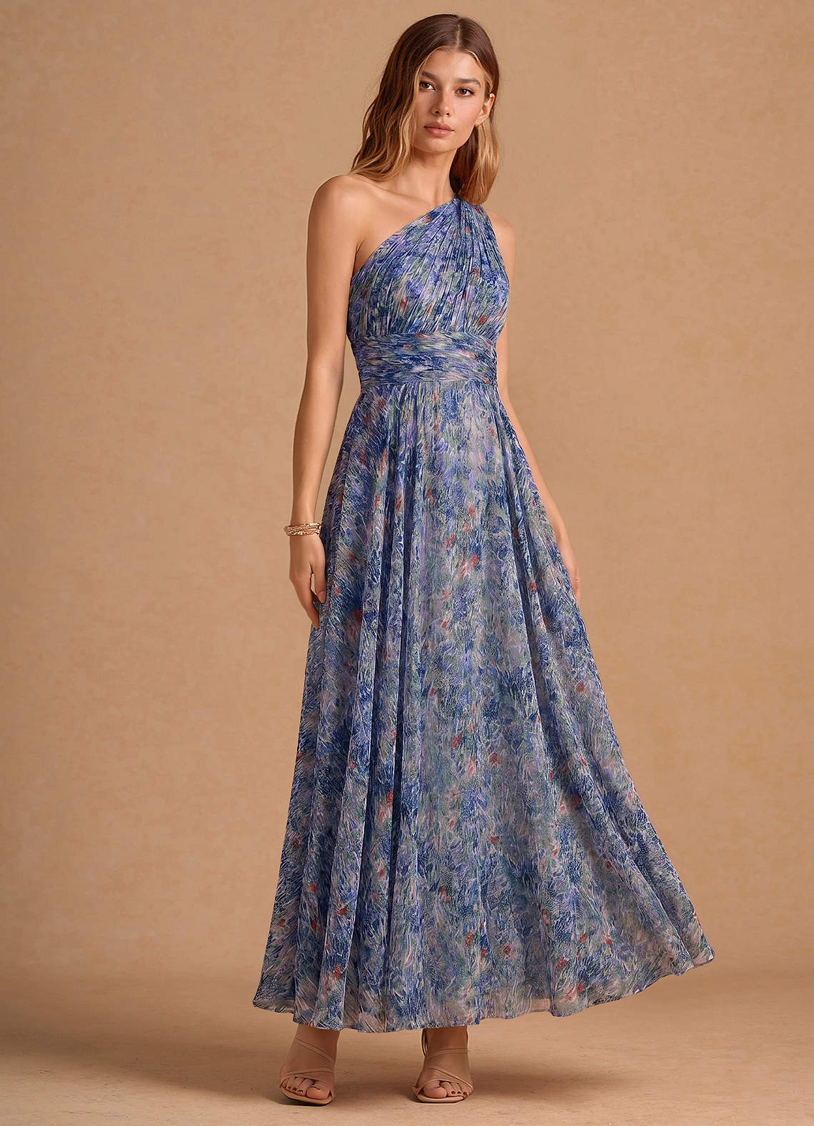 Noelle A-Line Twisted-Shoulder Chiffon Wedding Guest Dress in Lilac Floral