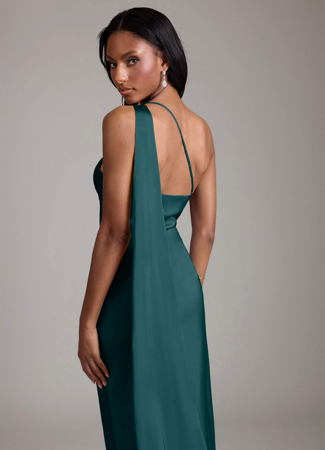 Juniper Mermaid One-Shoulder Stretch Satin Bridesmaid Dress in Pine