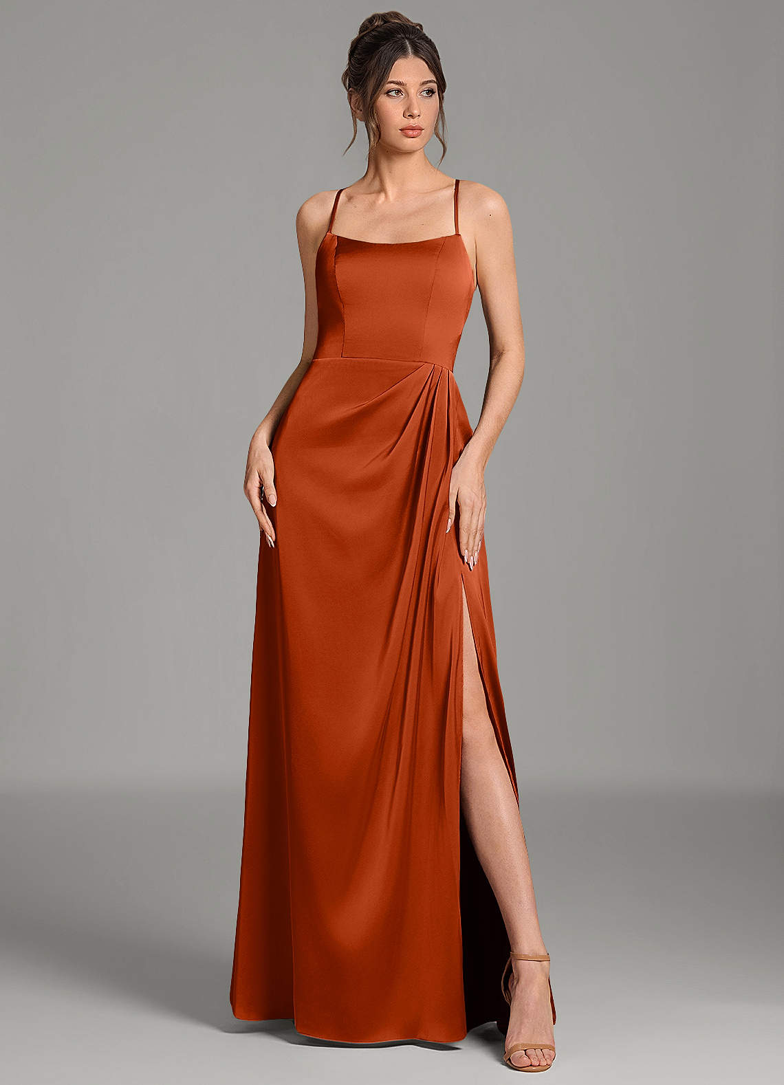 Frankie A-Line Scoop-Neck Stretch Satin Bridesmaid Dress in Paprika