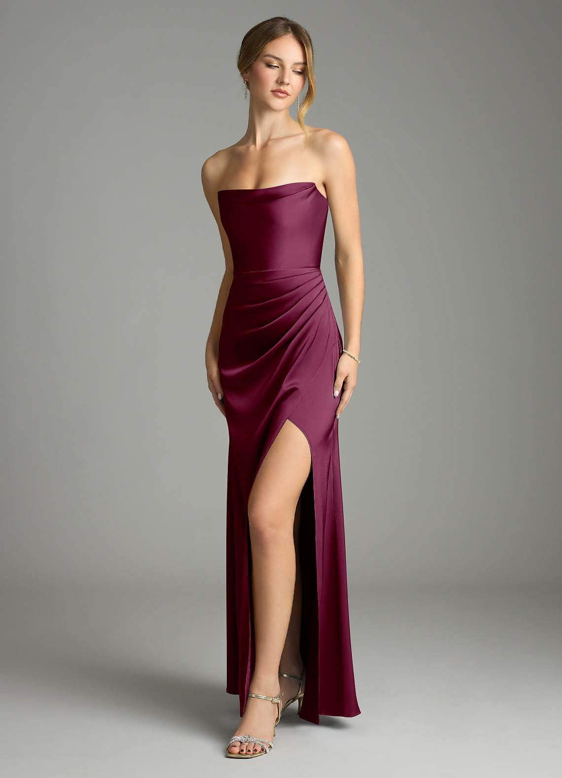 Leonis Mermaid Cowl-Neck Stretch Satin Bridesmaid Dress in Mulberry