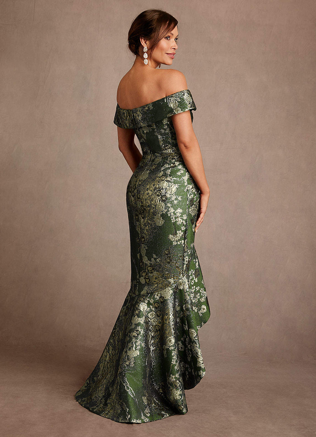 Winnetka Mermaid Off-the-Shoulder Jacquard Mother of the Bride Dress in Matcha Green