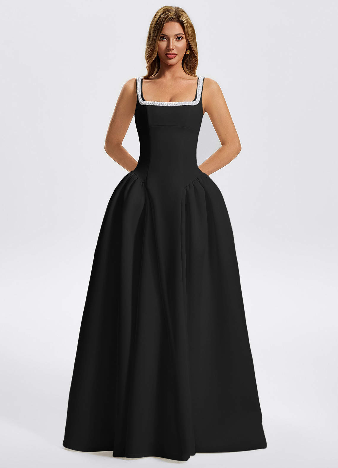 Kaelin A-Line Square-Neck Stretch Knit Evening Dress in Burgundy