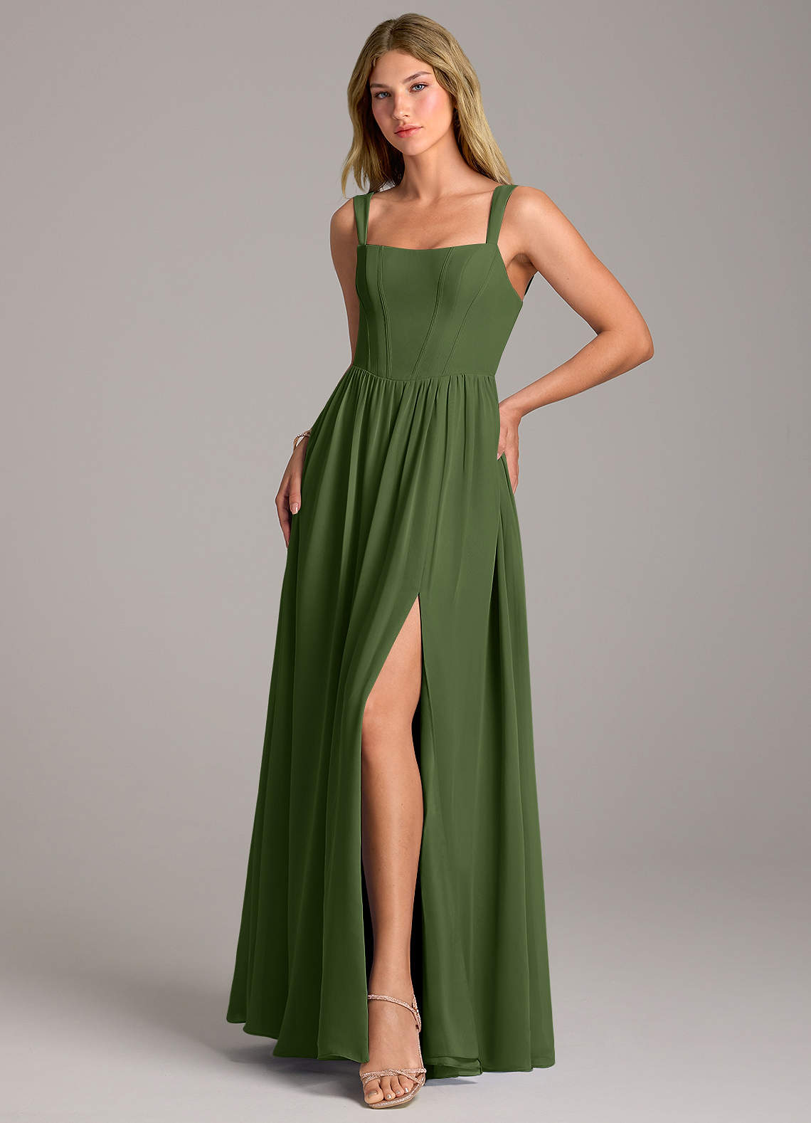Rosaline A-Line Square-Neck Chiffon Bridesmaid Dress in Olive