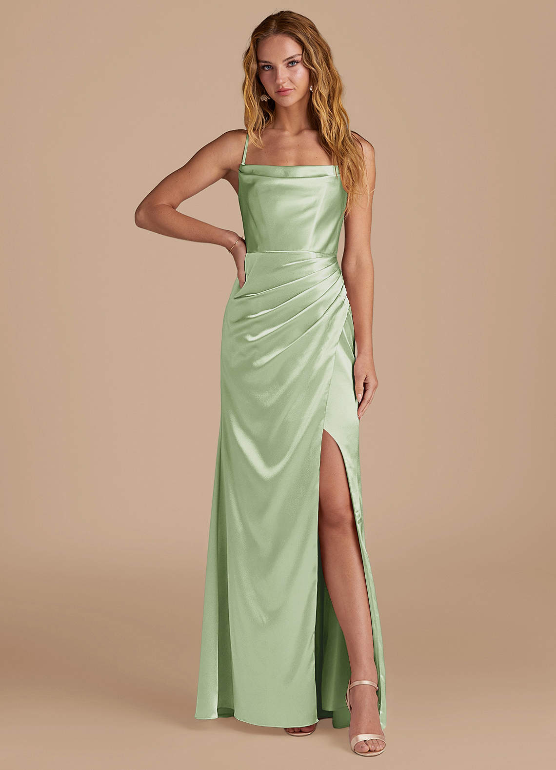 Marzia Mermaid Square-Neck Metallic Satin Bridesmaid Dress in Dusty Sage