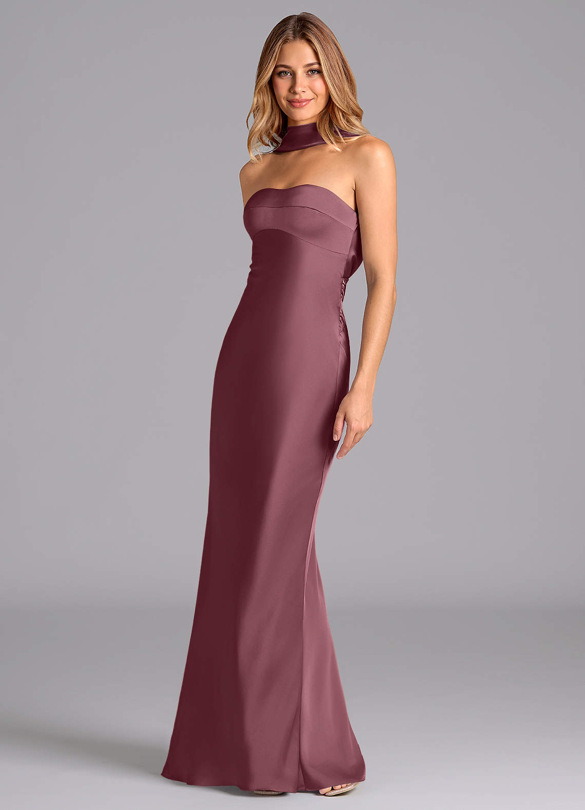 Lusinda Mermaid Strapless Stretch Satin Bridesmaid Dress in Desert Rose