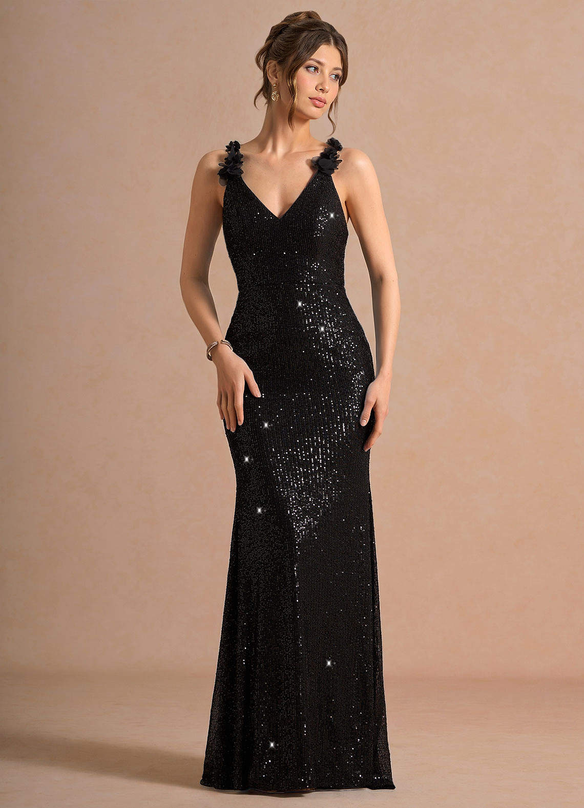 Selara Open-Back Floral Sequin Chiffon Evening Dress in Black