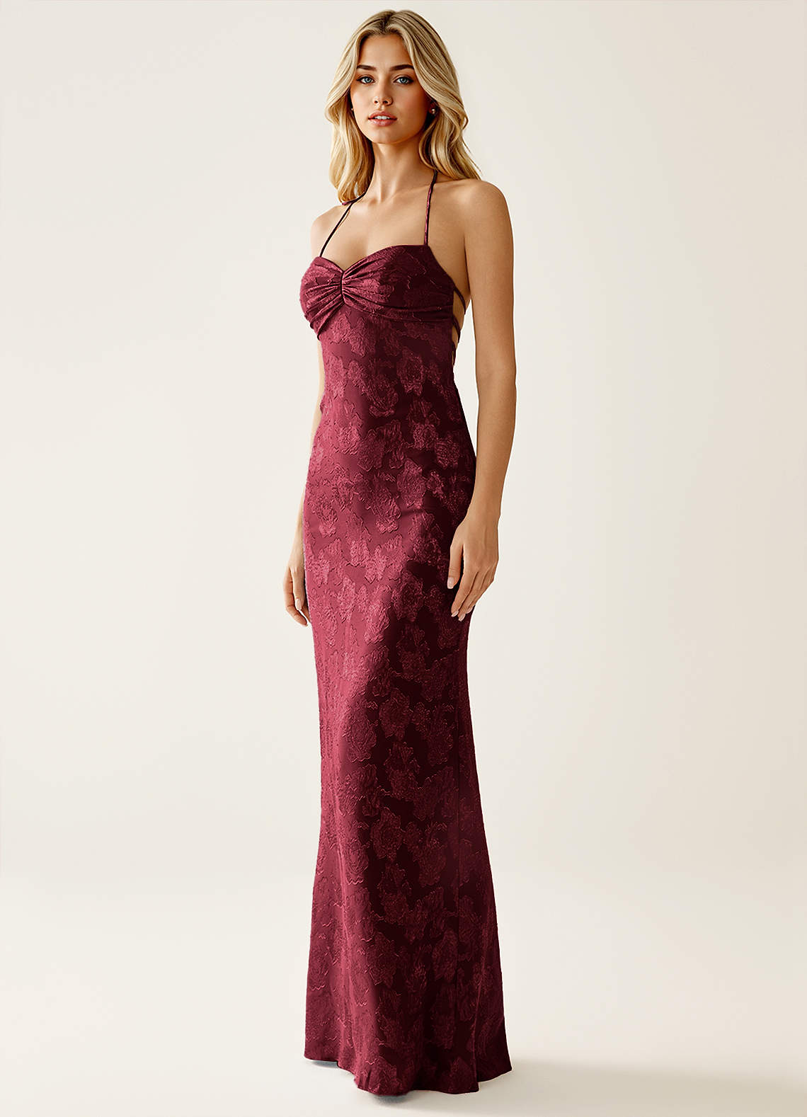 Angena Sheath Halter Floral Burnout Evening Dress in Wine