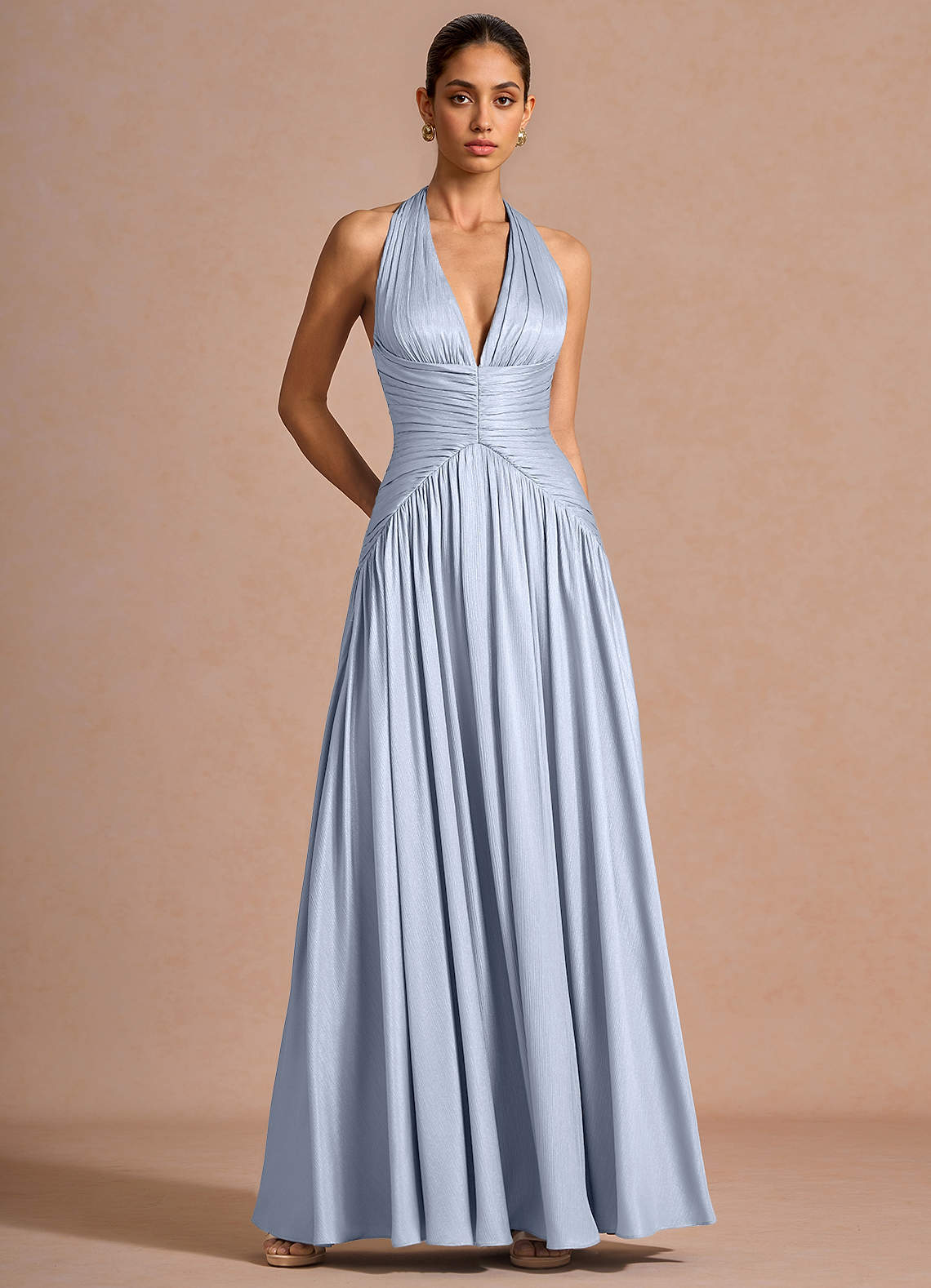 Hecate A-Line Halter Satin-Faced Chiffon Evening Dress in Sky Blue