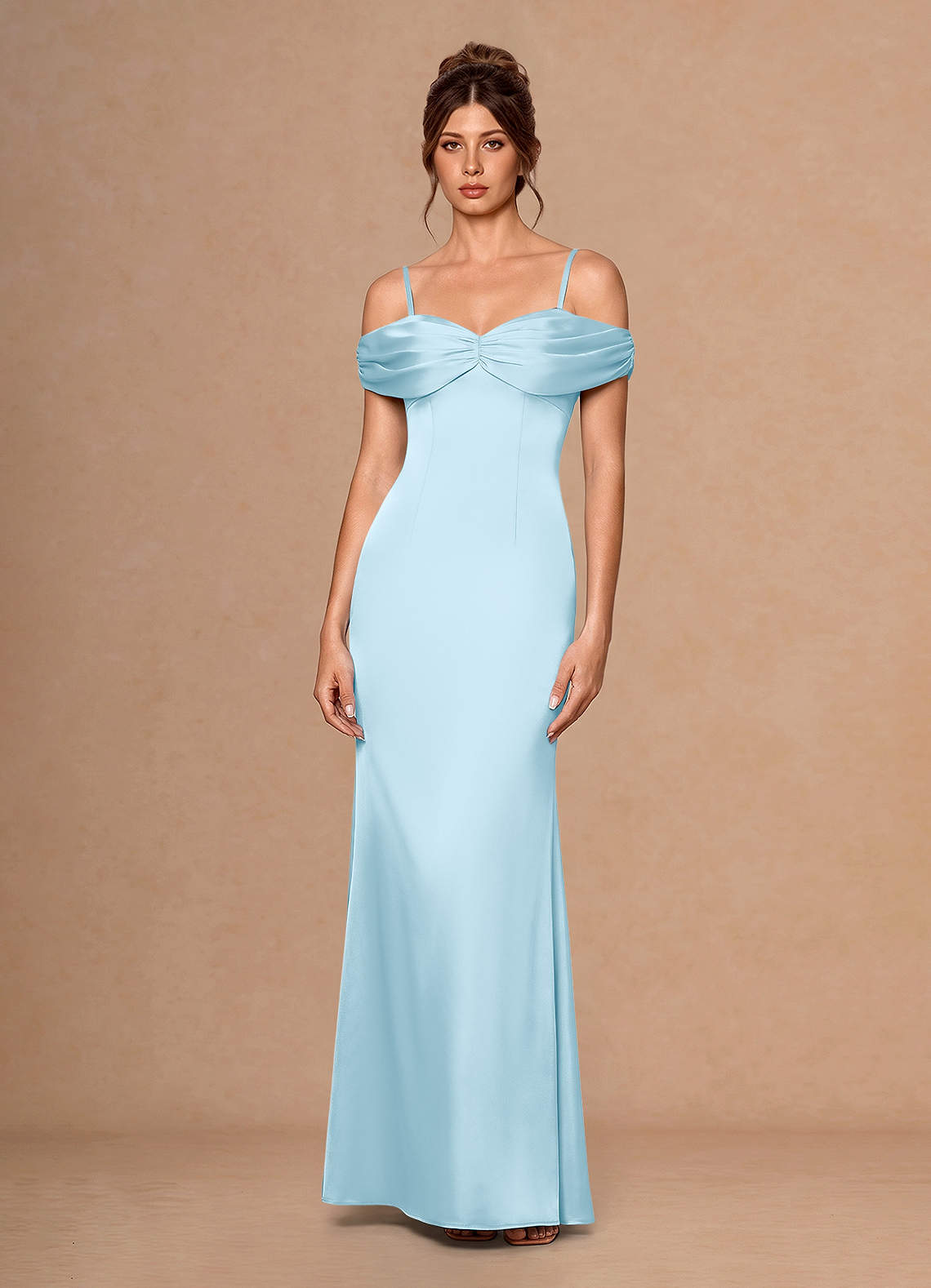 Estelle A-Line Cold-Shoulder Satin Chiffon Evening Dress in Light Blue
