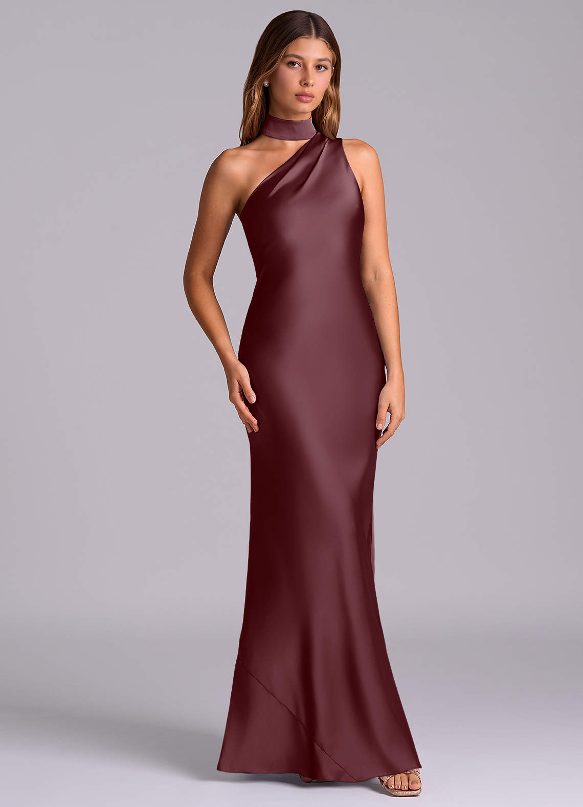Seona Mermaid One-Shoulder Stretch Satin and Tulle Bridesmaid Dress in Sangria