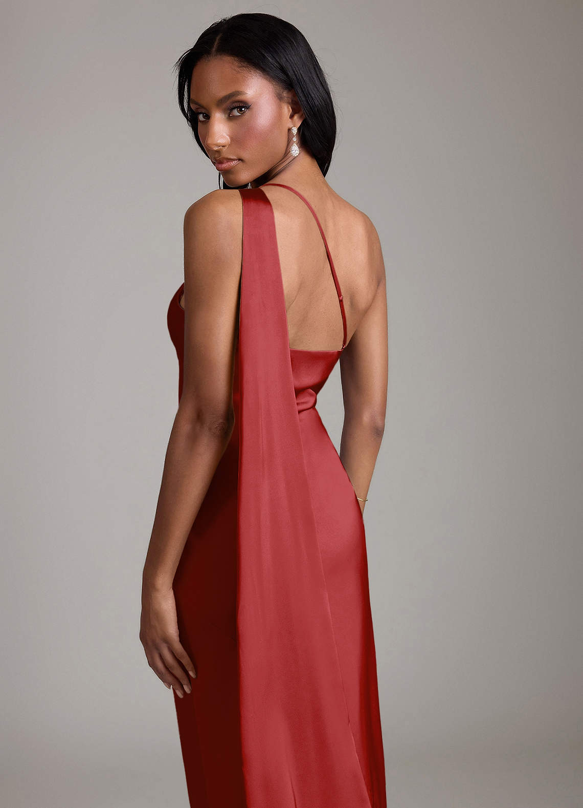 Juniper Mermaid One-Shoulder Stretch Satin Bridesmaid Dress in Pomegranate