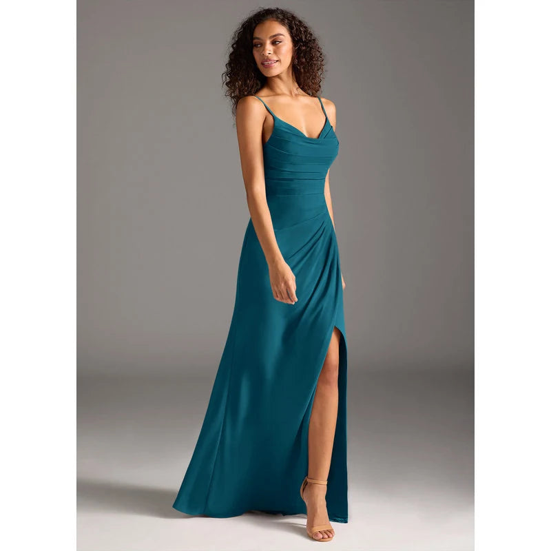 Deandra Mermaid Cowl-Neck Chiffon Bridesmaid Dress in Ink Blue - additional view 1