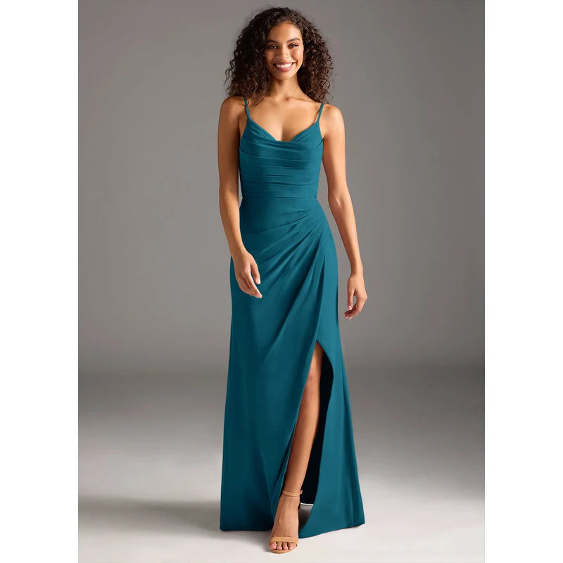 Deandra Mermaid Cowl-Neck Chiffon Bridesmaid Dress in Ink Blue - additional view 2