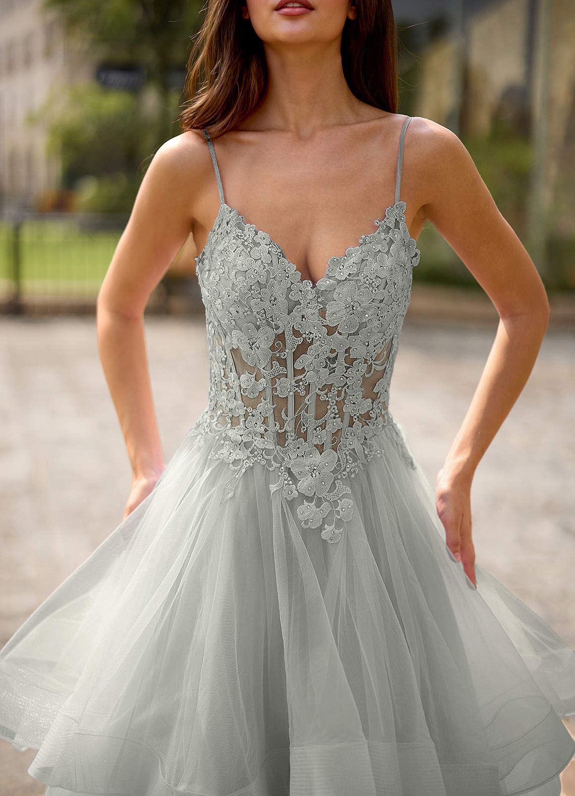 Spitze Ball Gown Sweetheart Lace Tulle Evening Dress in Silver