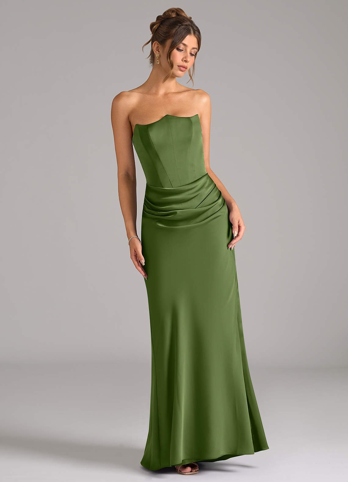 Debby Mermaid Strapless Stretch Satin Bridesmaid Dress in Juniper