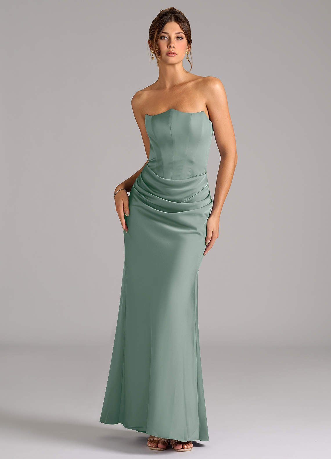 Debby Mermaid Strapless Stretch Satin Bridesmaid Dress in Silver Sage