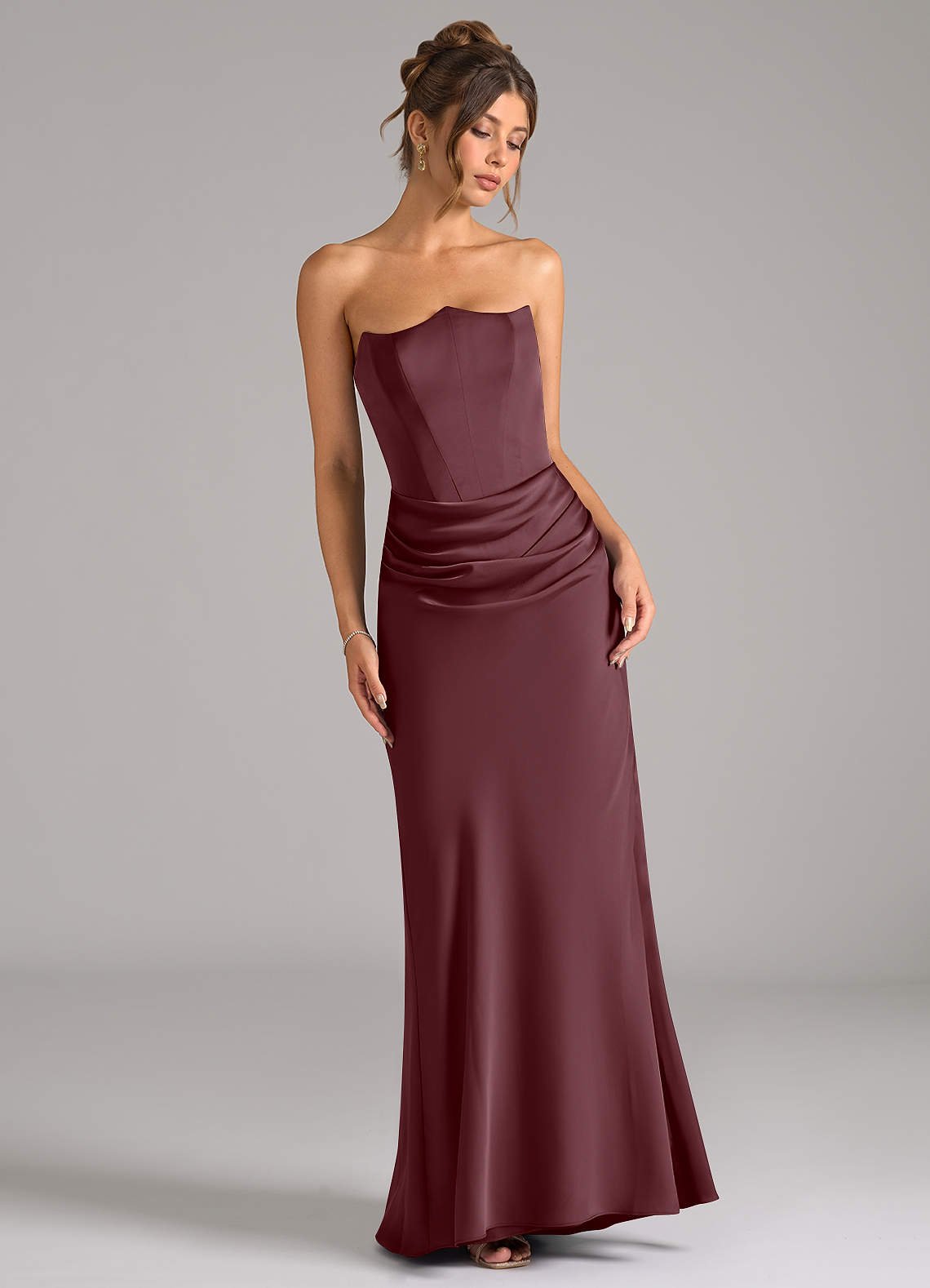 Debby Mermaid Strapless Stretch Satin Bridesmaid Dress in Sangria