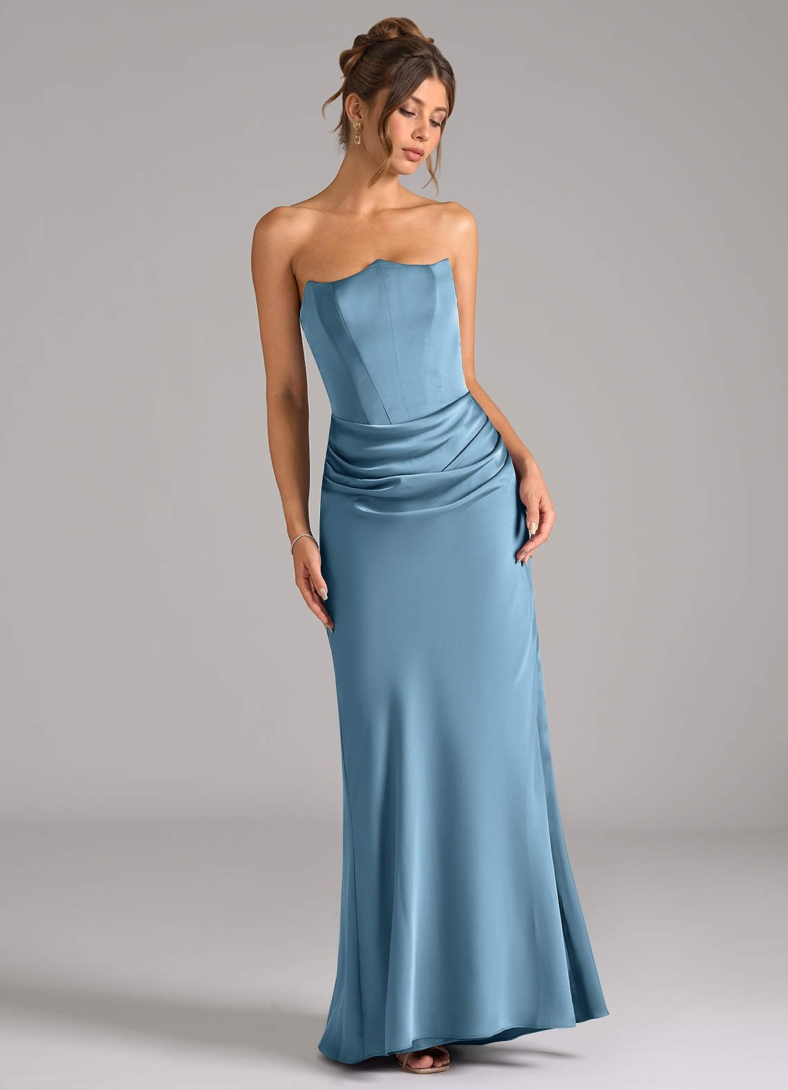 Debby Mermaid Strapless Stretch Satin Bridesmaid Dress in Steel Blue