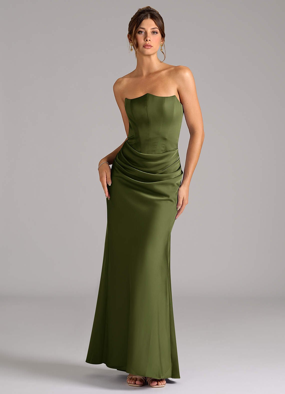 Debby Mermaid Strapless Stretch Satin Bridesmaid Dress in Olive
