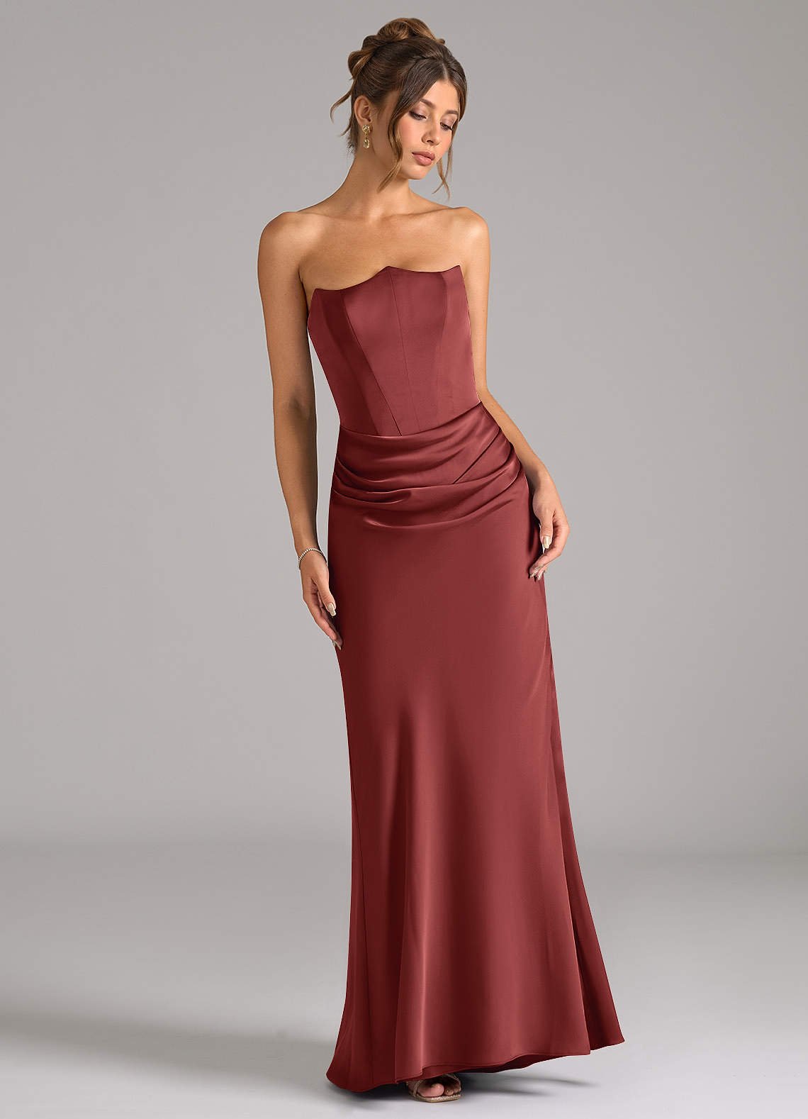 Debby Mermaid Strapless Stretch Satin Bridesmaid Dress in Terracotta