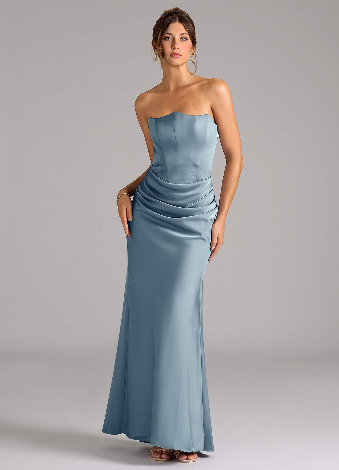 Debby Mermaid Strapless Stretch Satin Bridesmaid Dress in dusty blue