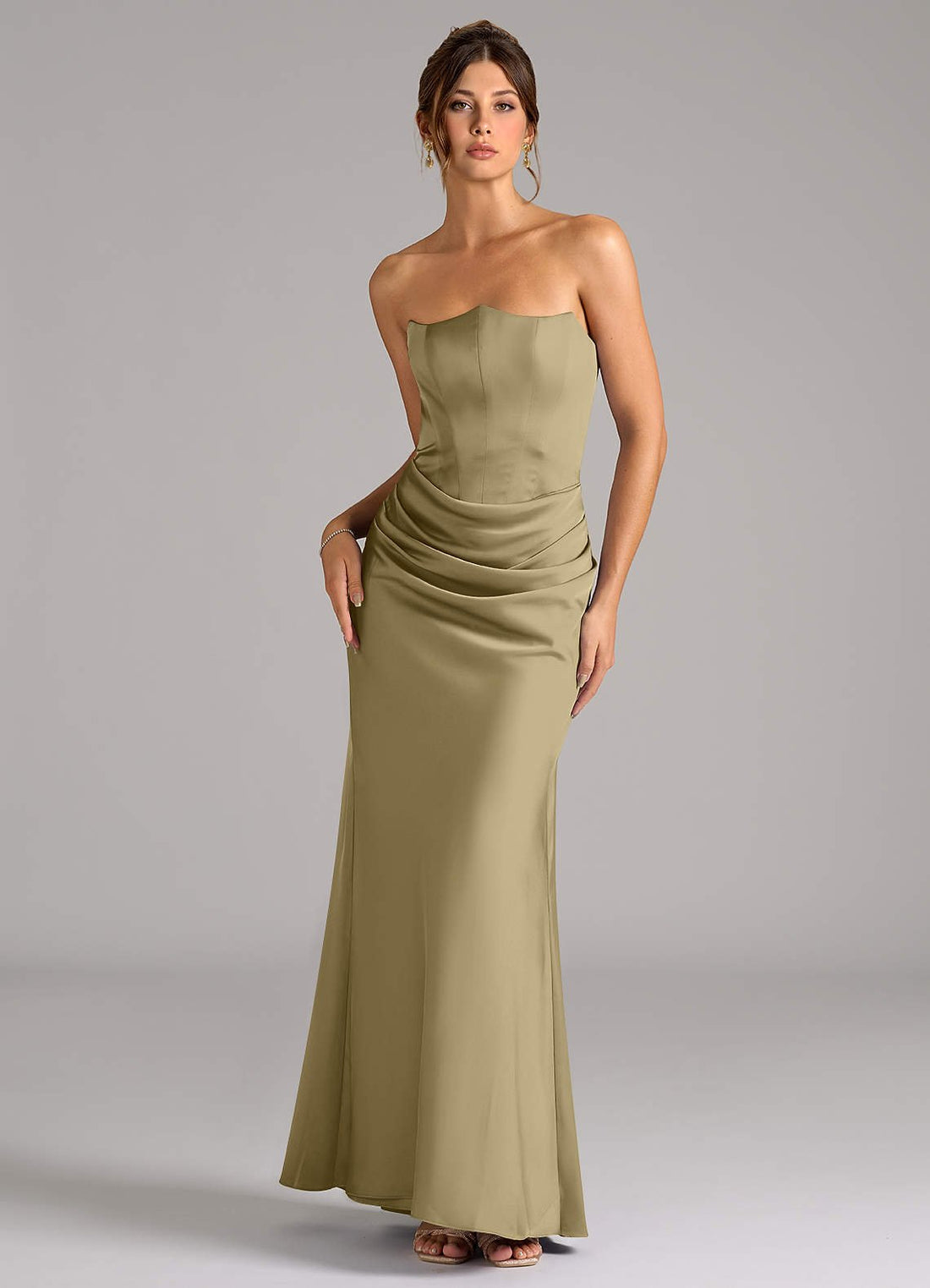 Debby Mermaid Strapless Stretch Satin Bridesmaid Dress in Moss Green