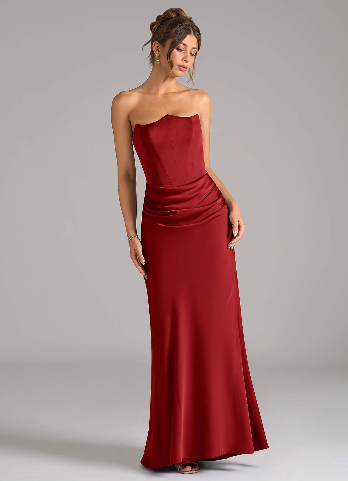 Debby Mermaid Strapless Stretch Satin Bridesmaid Dress in Pomegranate