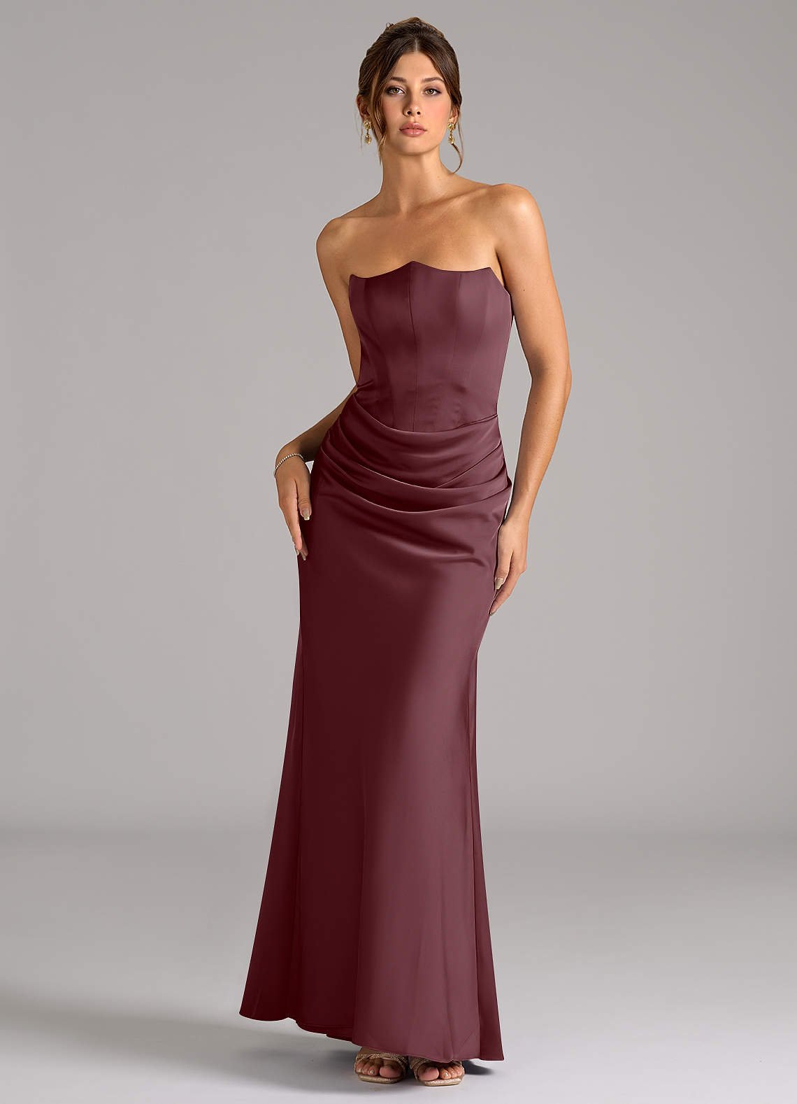 Debby Mermaid Strapless Stretch Satin Bridesmaid Dress in Sangria