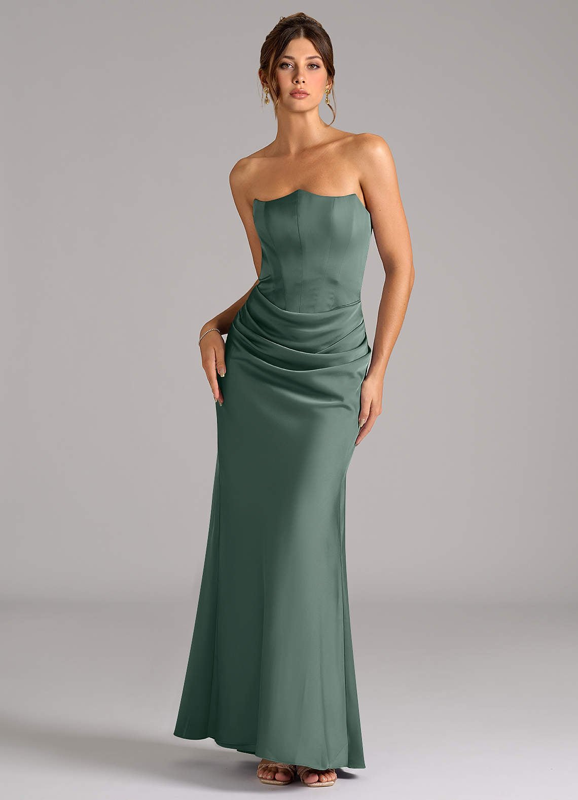 Debby Mermaid Strapless Stretch Satin Bridesmaid Dress in Sea Moss