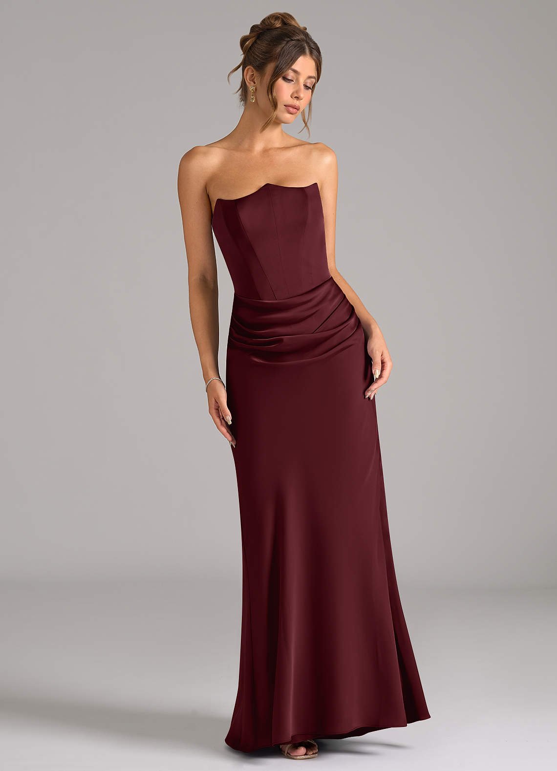 Debby Mermaid Strapless Stretch Satin Bridesmaid Dress in Cabernet