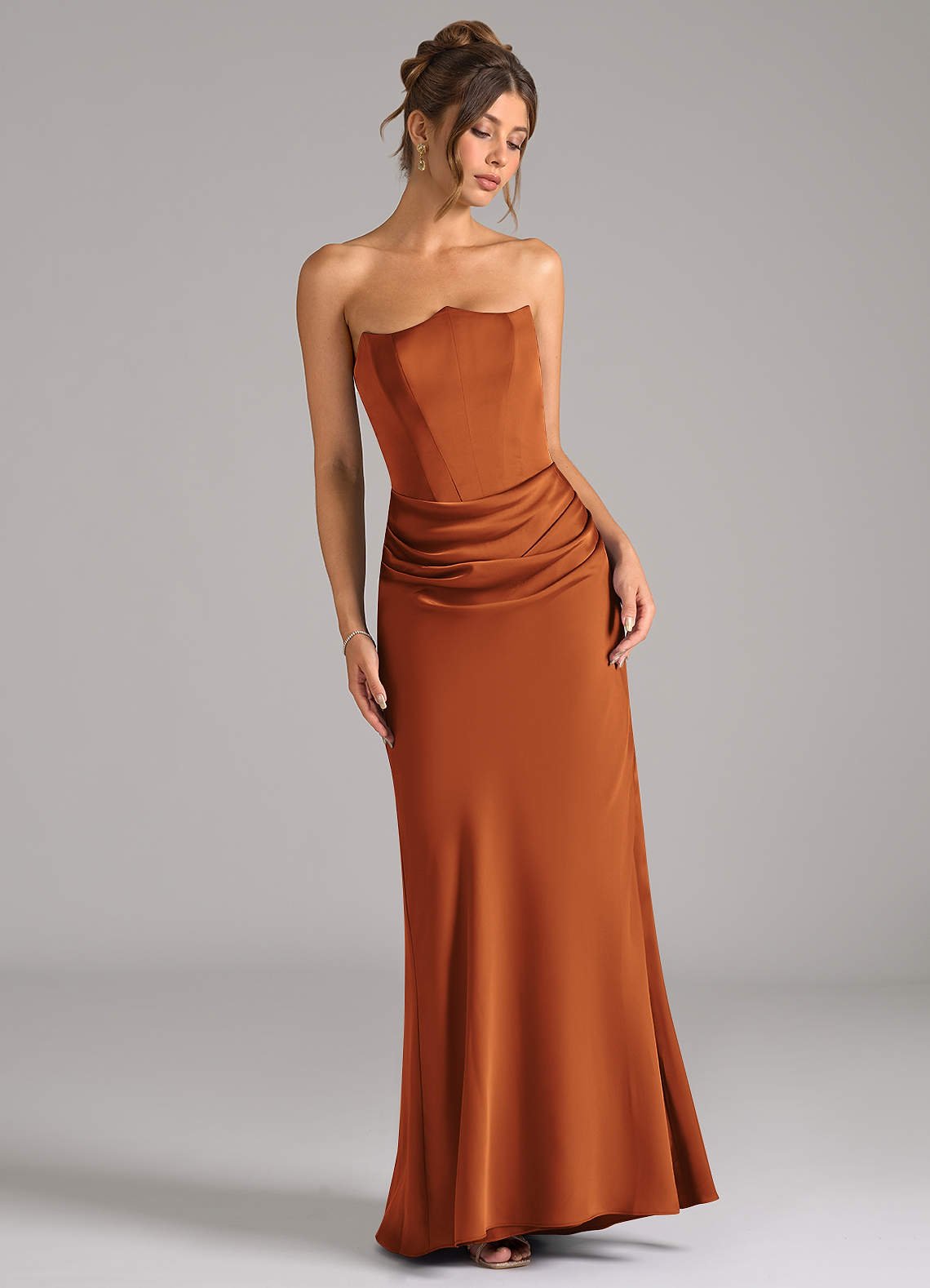 Debby Mermaid Strapless Stretch Satin Bridesmaid Dress in Cinnamon