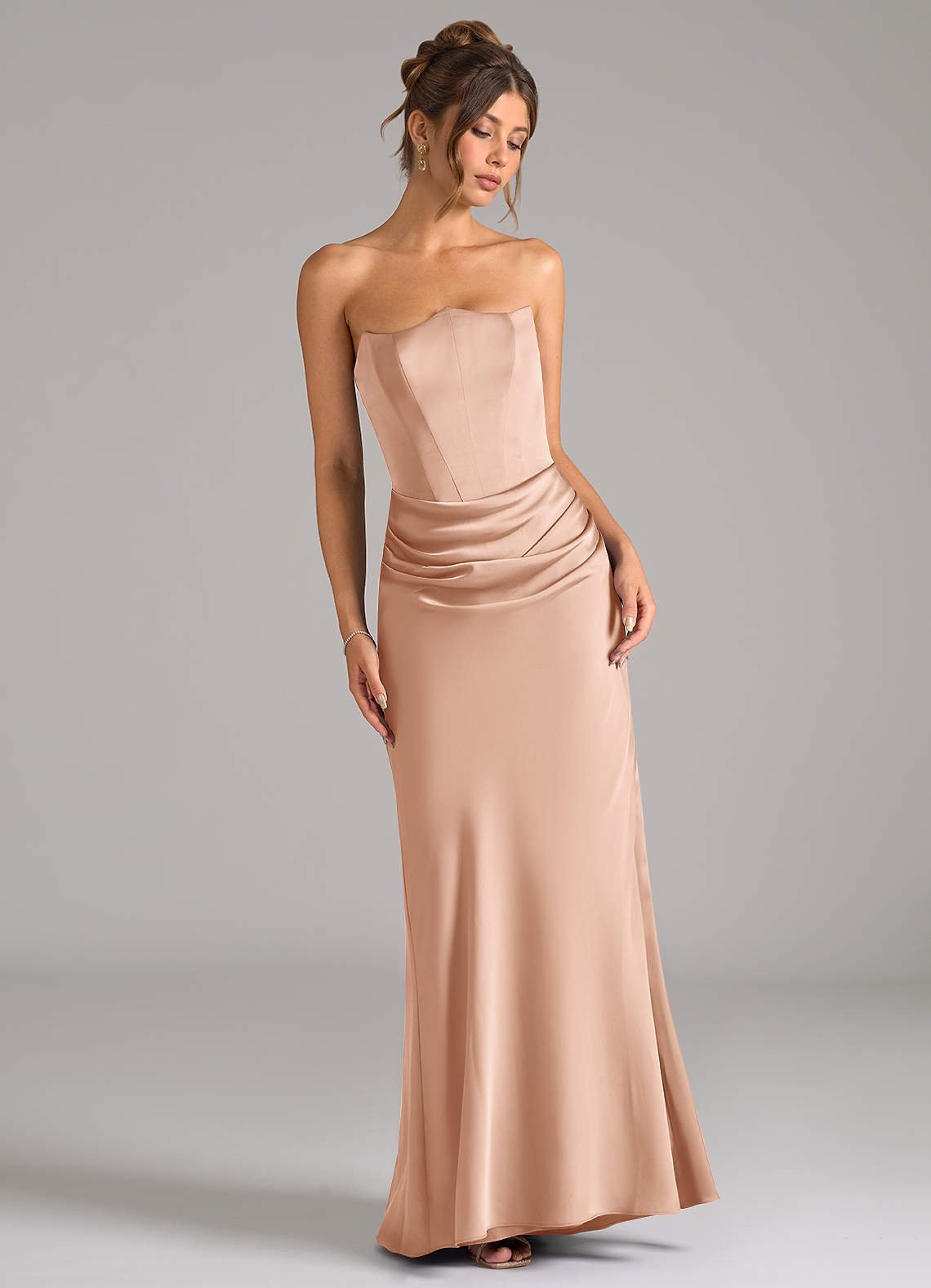 Debby Mermaid Strapless Stretch Satin Bridesmaid Dress in rose gold
