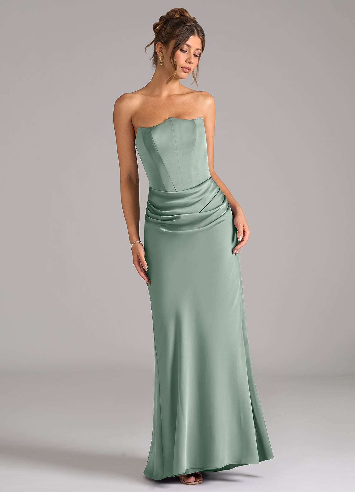 Debby Mermaid Strapless Stretch Satin Bridesmaid Dress in Agave