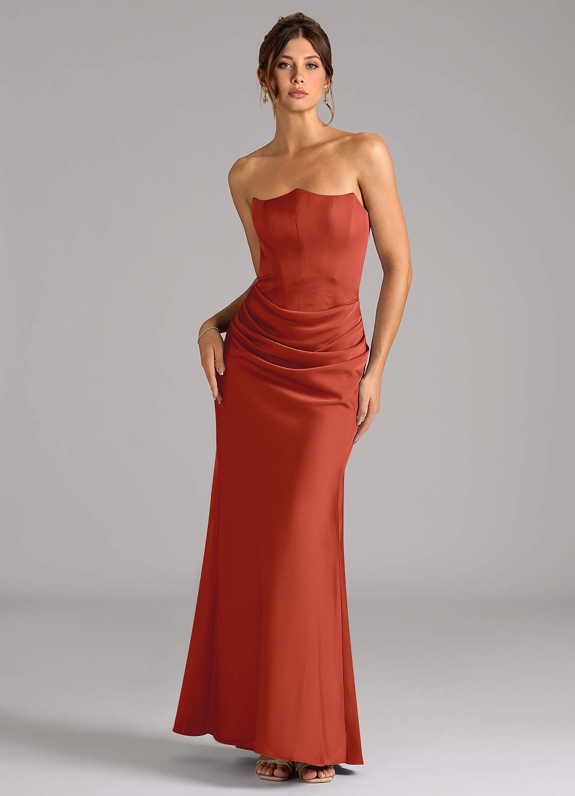 Debby Mermaid Strapless Stretch Satin Bridesmaid Dress in Rust