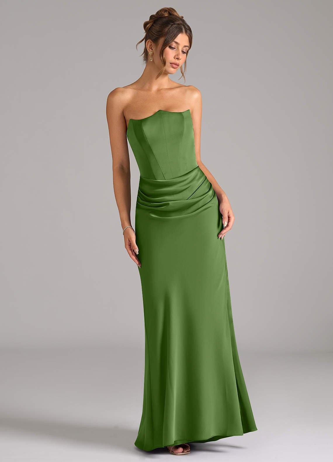 Debby Mermaid Strapless Stretch Satin Bridesmaid Dress in Basil