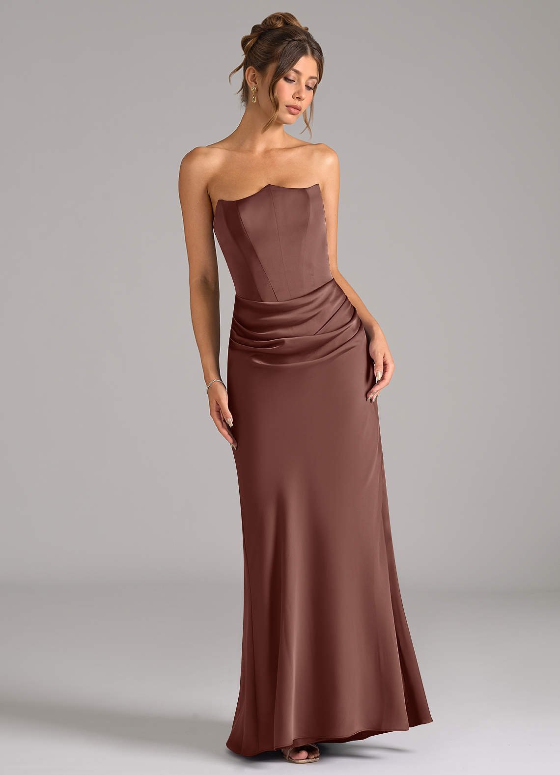Debby Mermaid Strapless Stretch Satin Bridesmaid Dress in Espresso