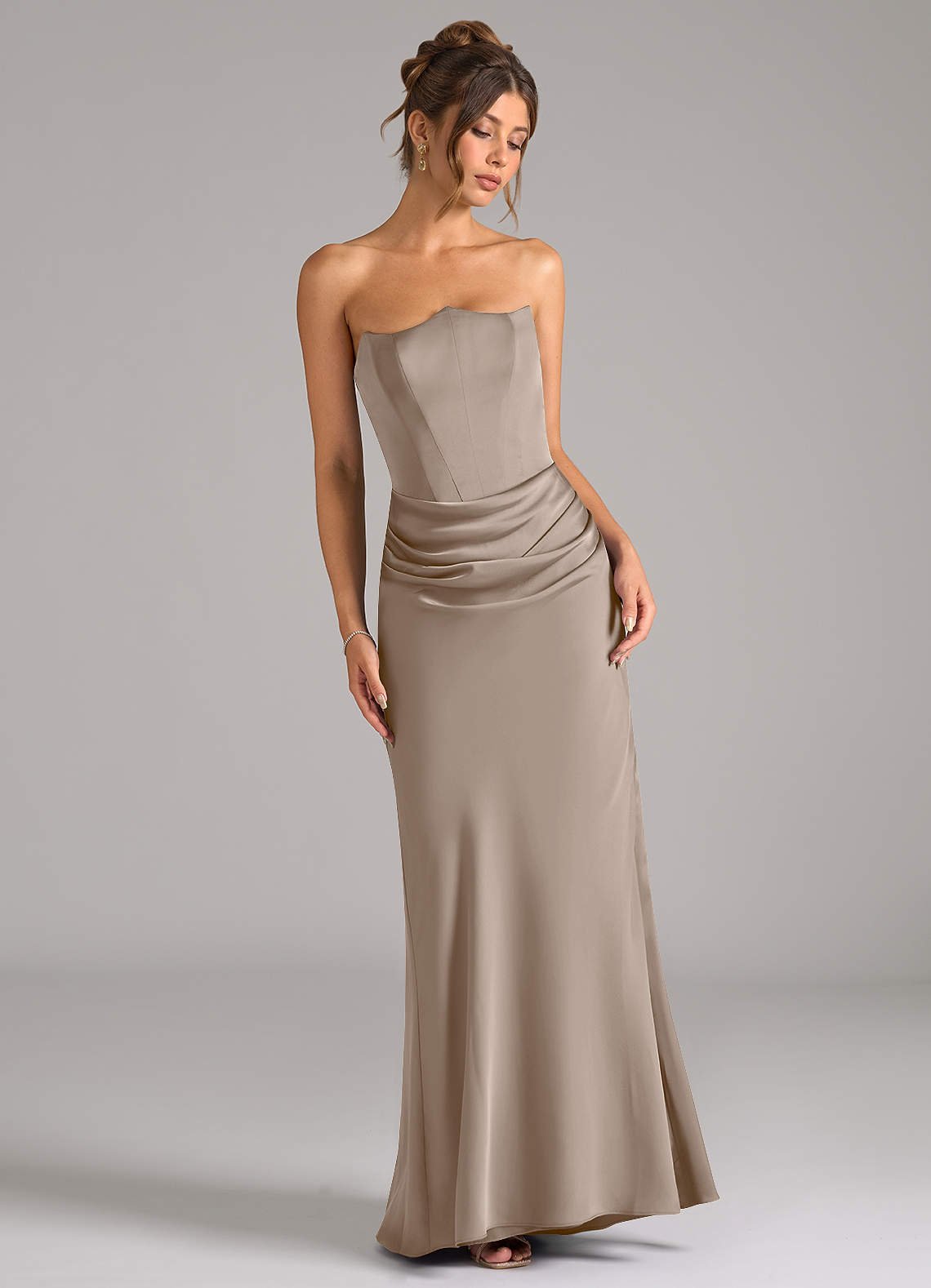 Debby Mermaid Strapless Stretch Satin Bridesmaid Dress in Taupe