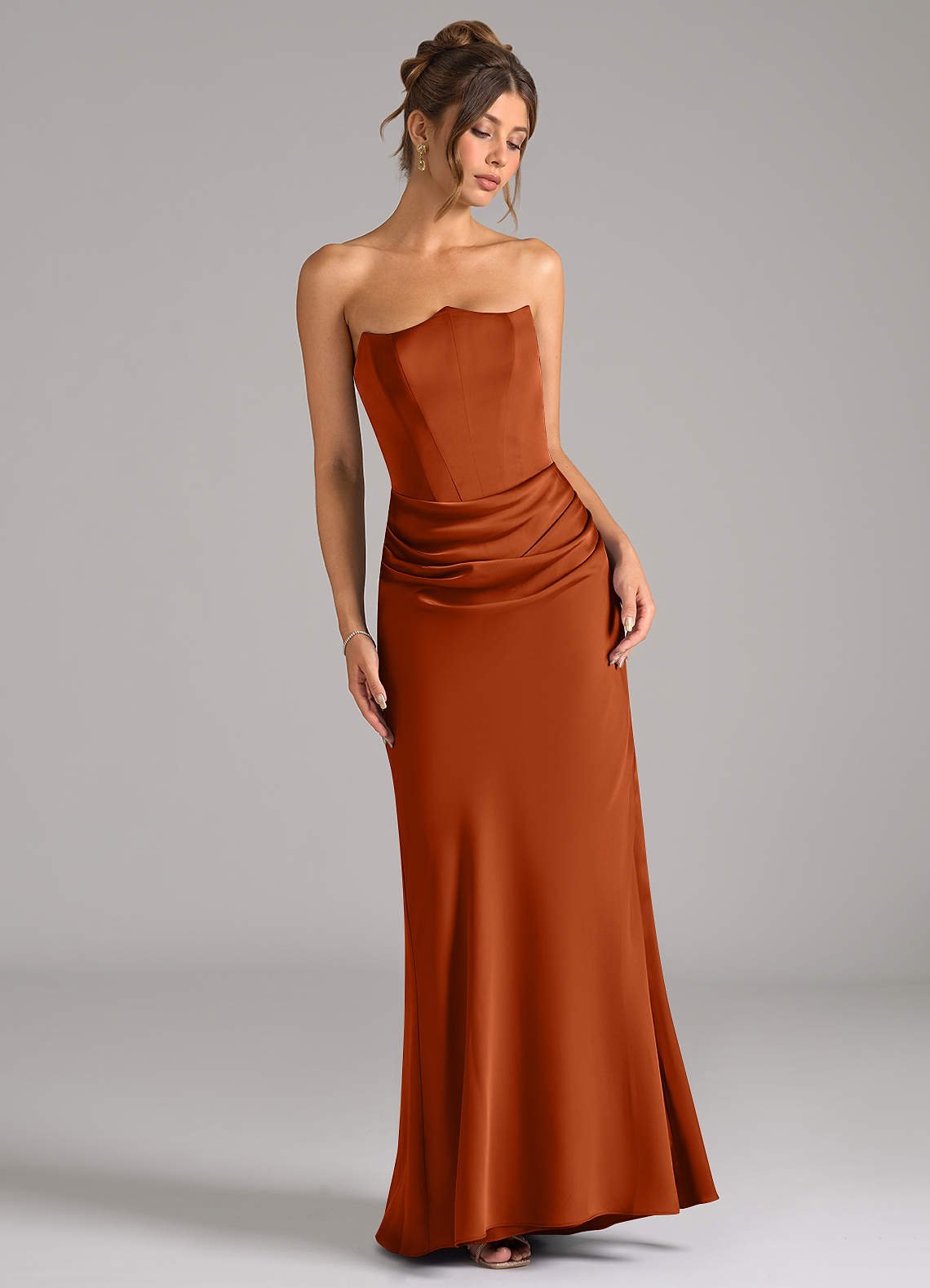Debby Mermaid Strapless Stretch Satin Bridesmaid Dress in Burnt Orange