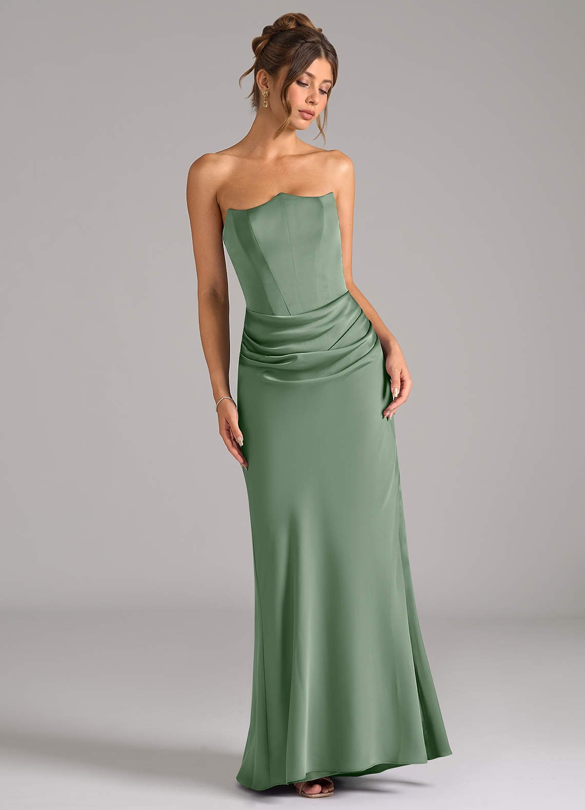 Debby Mermaid Strapless Stretch Satin Bridesmaid Dress in Matcha