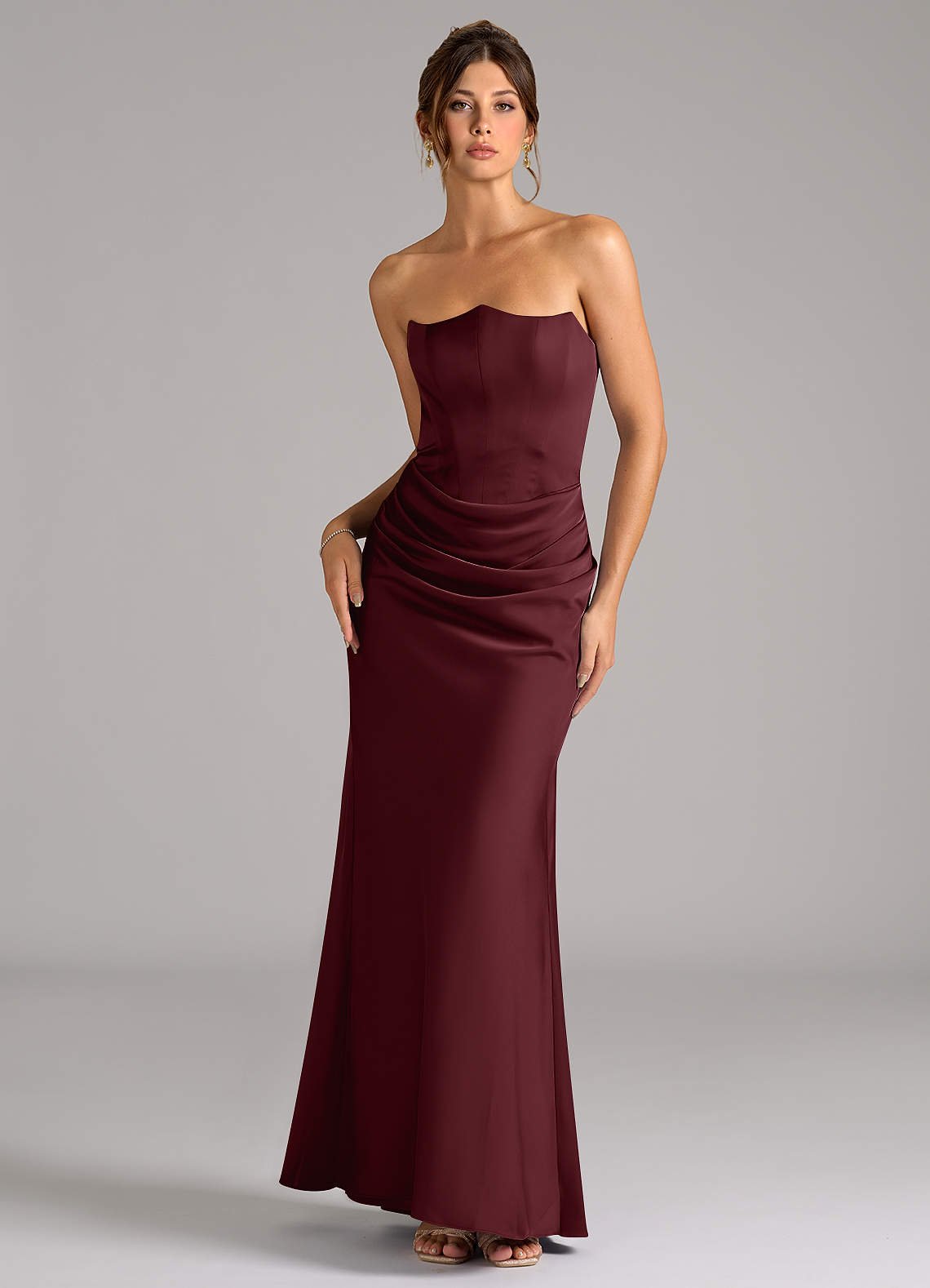 Debby Mermaid Strapless Stretch Satin Bridesmaid Dress in Cabernet