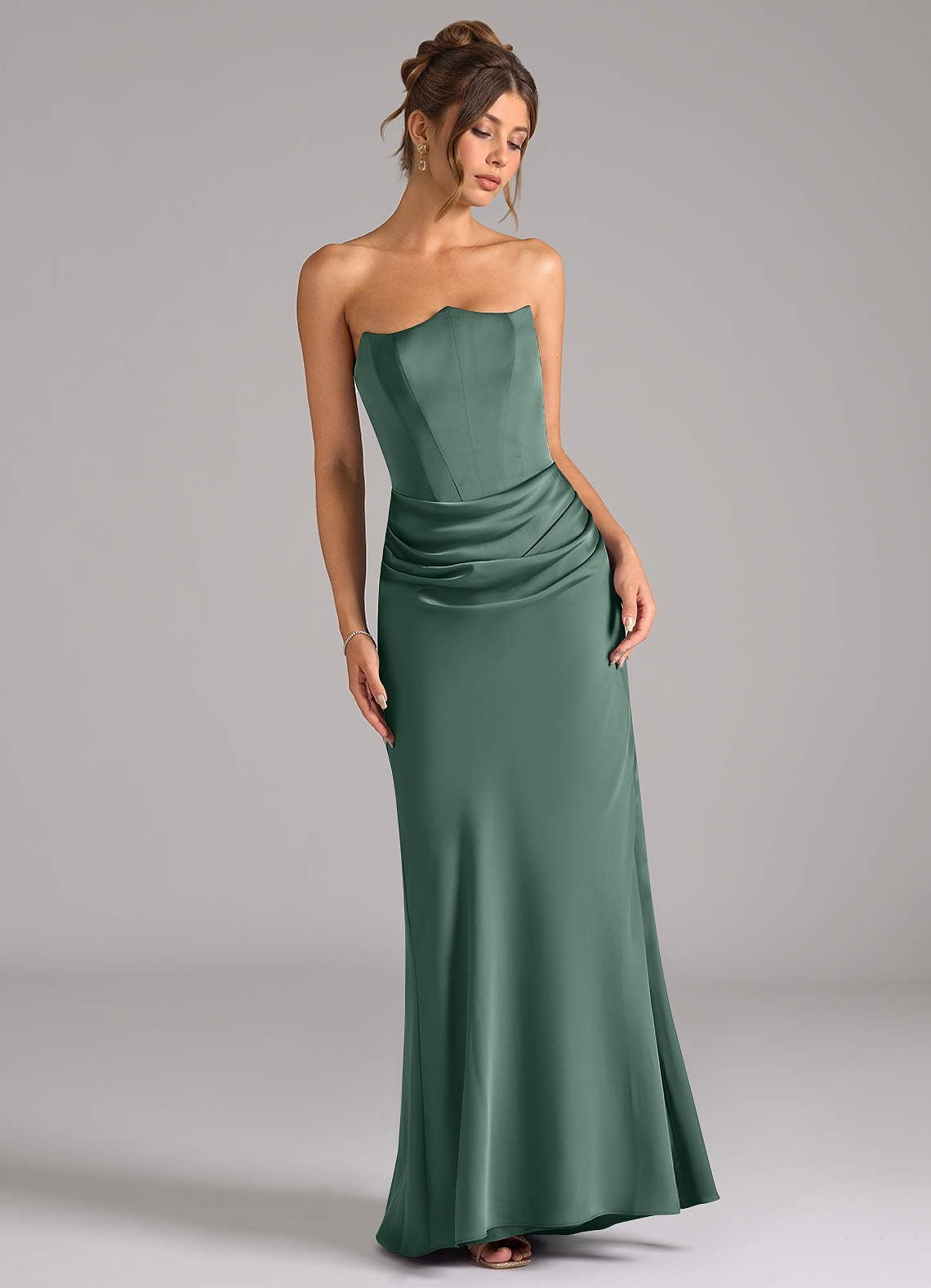 Debby Mermaid Strapless Stretch Satin Bridesmaid Dress in Eucalyptus