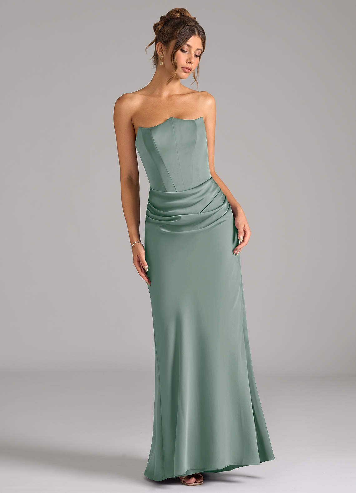 Debby Mermaid Strapless Stretch Satin Bridesmaid Dress in Silver Sage