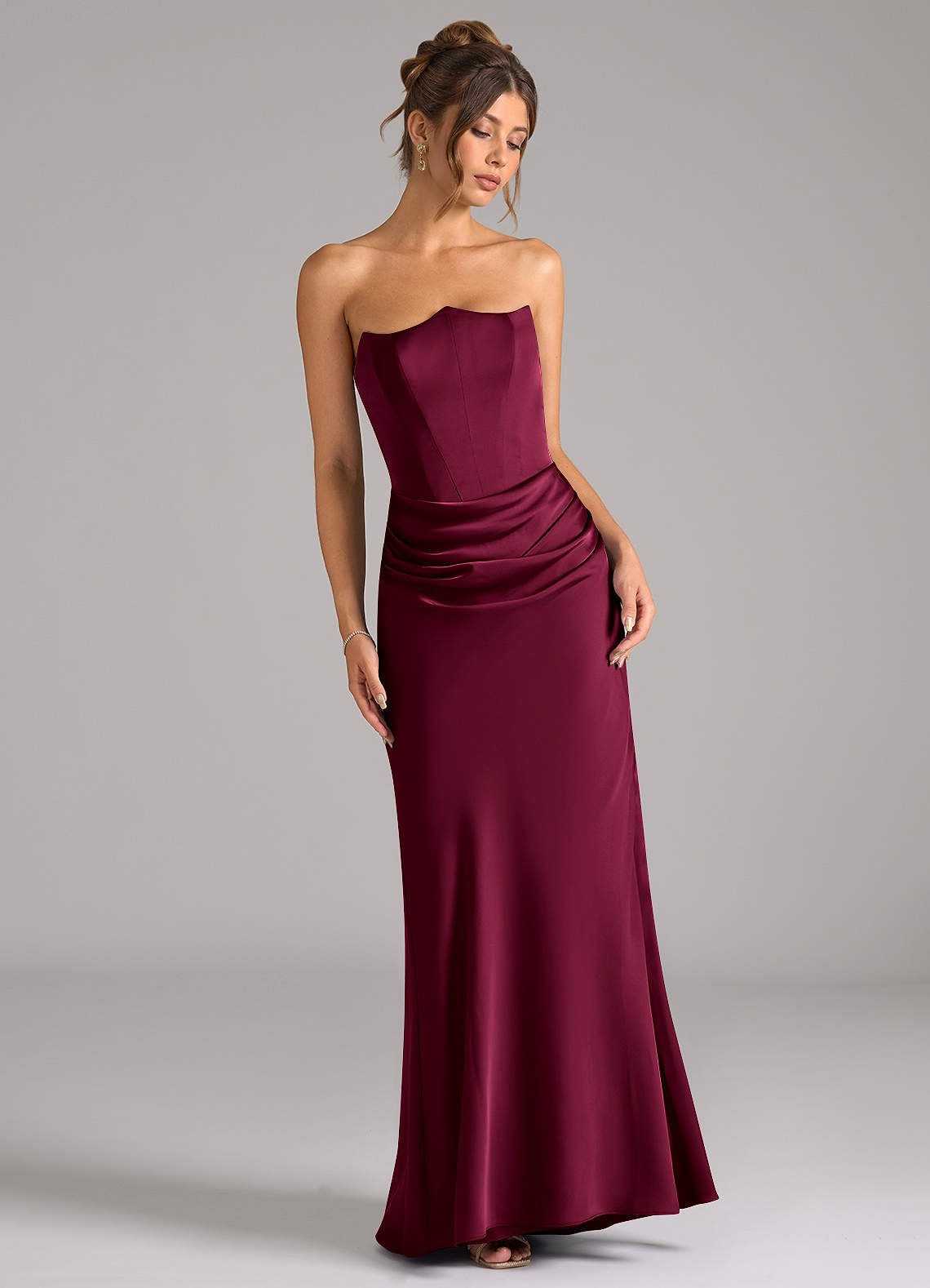 Debby Mermaid Strapless Stretch Satin Bridesmaid Dress in Burgundy
