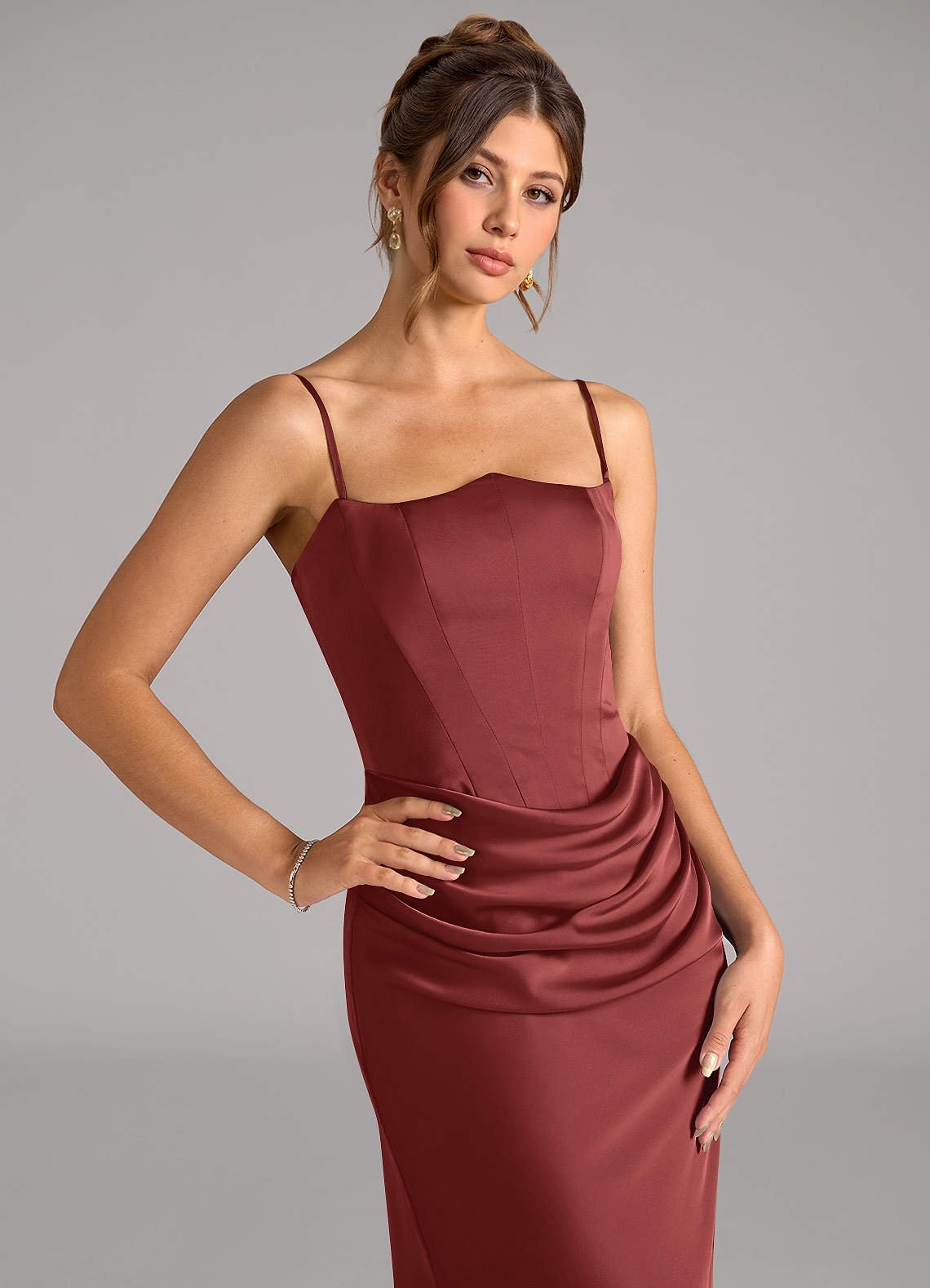 Debby Mermaid Strapless Stretch Satin Bridesmaid Dress in Terracotta
