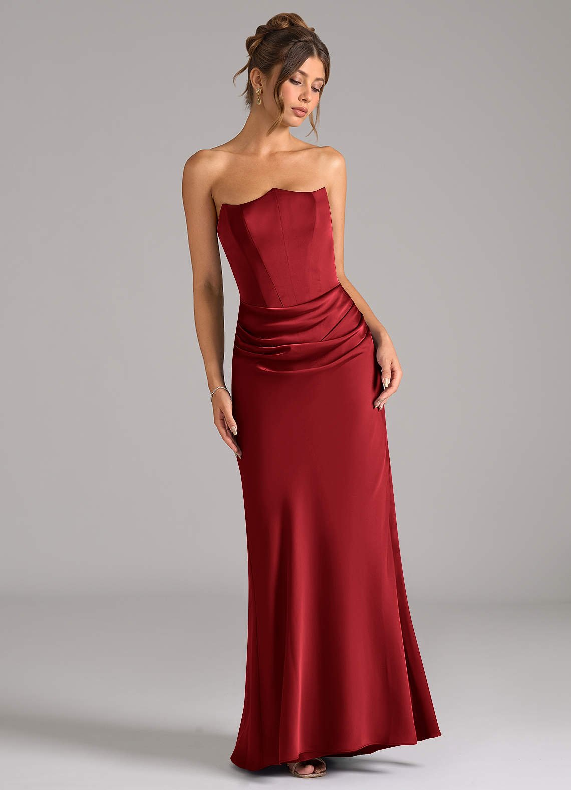 Debby Mermaid Strapless Stretch Satin Bridesmaid Dress in Scarlet