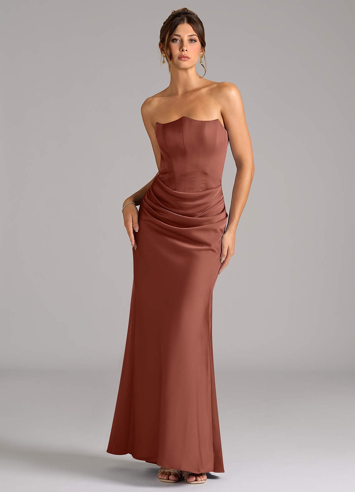 Debby Mermaid Strapless Stretch Satin Bridesmaid Dress in Auburn