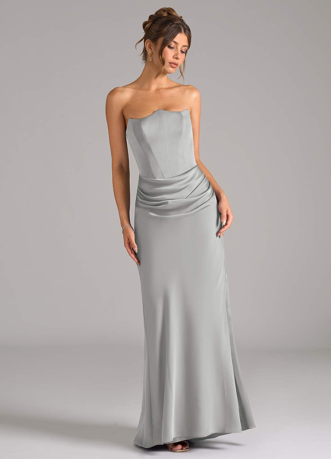 Debby Mermaid Strapless Stretch Satin Bridesmaid Dress in Silver