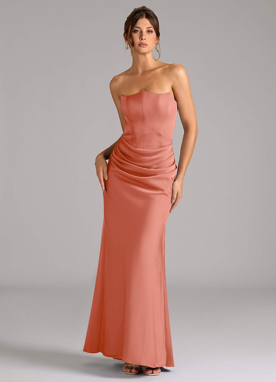 Debby Mermaid Strapless Stretch Satin Bridesmaid Dress in Salmon Pink